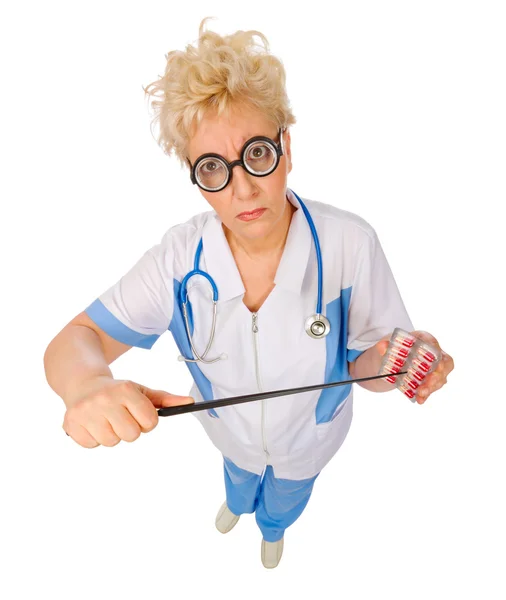 Mature funny doctor with pills — Stock Photo, Image