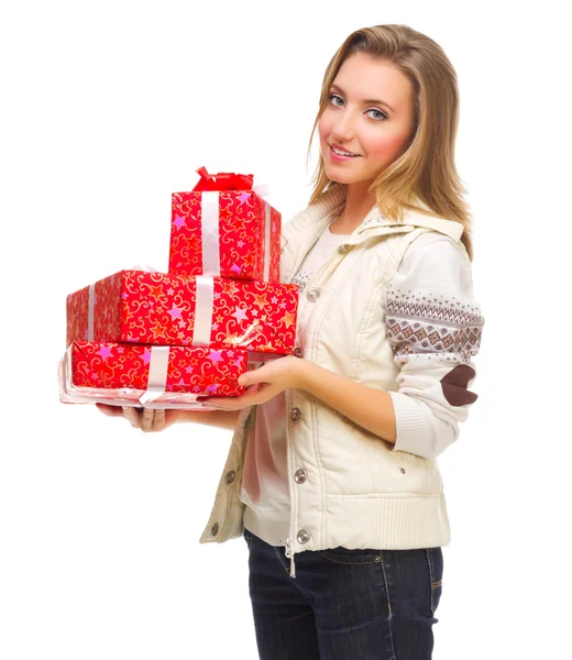 Młoda dziewczyna z pudełkami prezentów — Zdjęcie stockowe