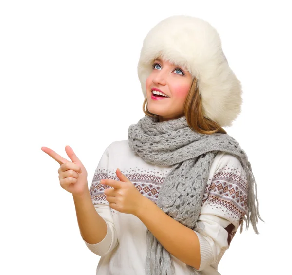 Young girl shows pointing gesture — Stock Photo, Image