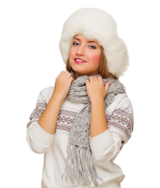 Young girl in fur hat — Stock Photo, Image