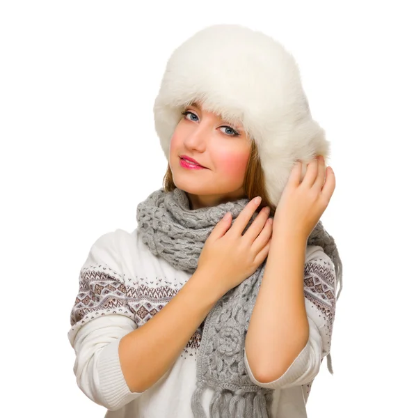 Young girl in fur hat — Stock Photo, Image