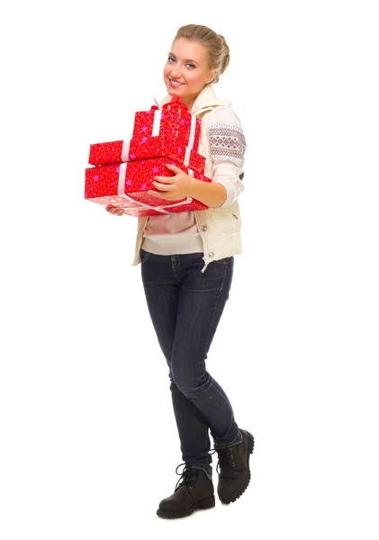 Chica joven con cajas de regalo —  Fotos de Stock