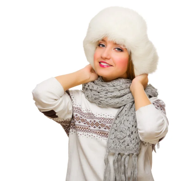 Young girl in fur hat — Stock Photo, Image