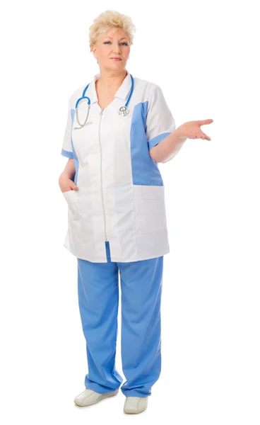 Mature doctor shows welcome gesture — Stock Photo, Image