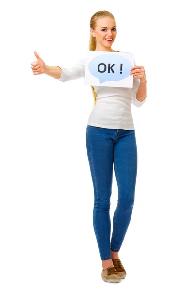 Young girl with banner "Ok!" — Stock Photo, Image