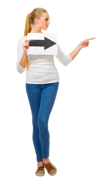 Young girl with arrow right placard — Stock Photo, Image