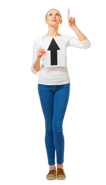 Young girl with arrow up placard — Stock Photo, Image