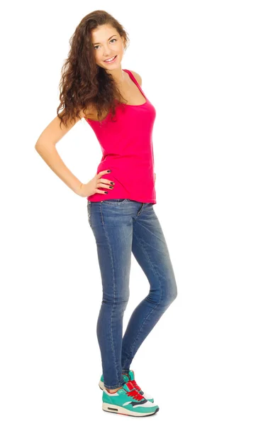 Ung flicka i röd tröja och Blå jeans — Stockfoto