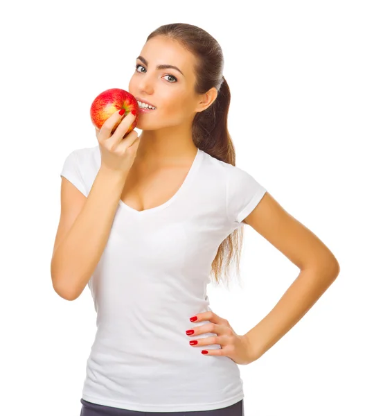 Joven sonriente mujer sana con manzana —  Fotos de Stock