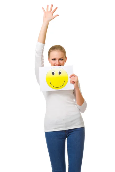 Chica joven en jeans con cartel de sonrisa — Foto de Stock