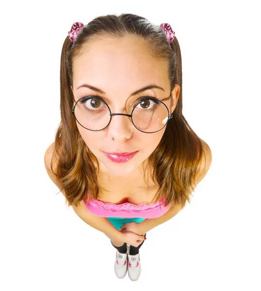 Grappige schoolmeisje in nerd glazen — Stockfoto