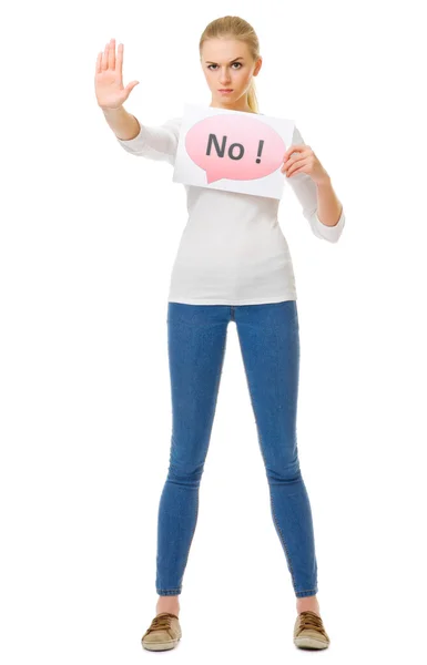 Chica joven en pantalones vaqueros azules con cartel de "No" —  Fotos de Stock