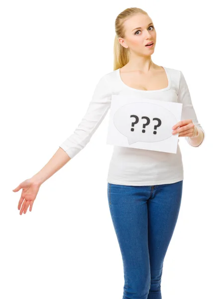 Young girl in blue jeans with question placard — Stock Photo, Image