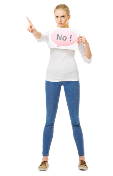 Young girl with "No" banner — Stock Photo, Image