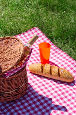 şarap şişesi ile piknik sepeti