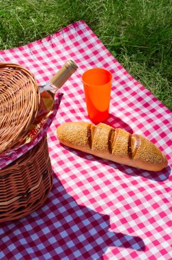 şarap şişesi ile piknik sepeti