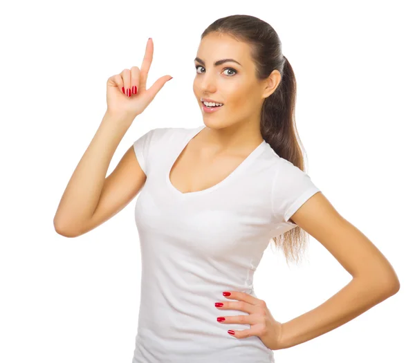 Zdravá dívka ukazuje ukazující gesto — Stock fotografie