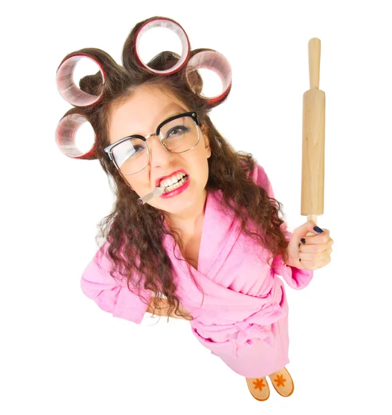 Inek gözlüklü komik ev kadını — Stok fotoğraf