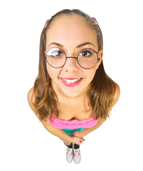 Grappige schoolmeisje met nerd bril — Stockfoto