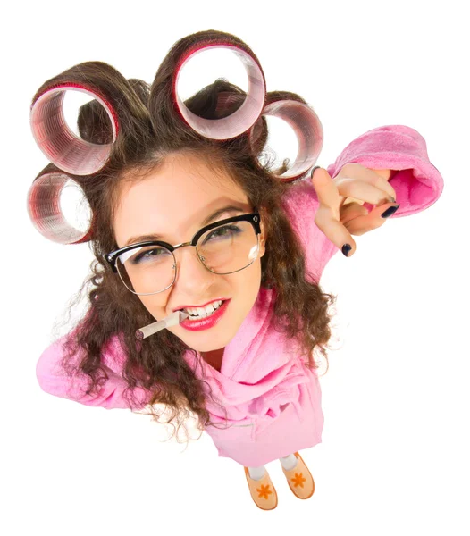 Funny housewife with nerd glasses — Stock Photo, Image