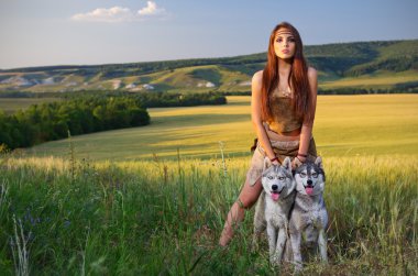 buğday alanında köpeklerle kız