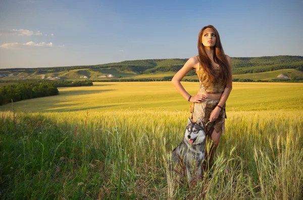 Девушка с собакой на пшеничном поле — стоковое фото