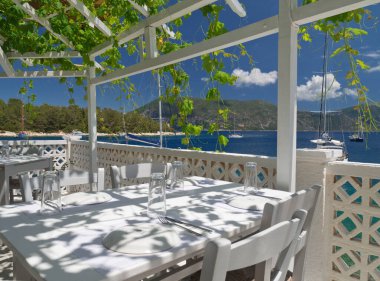 Kefalonia adasındaki Fiscardo 'da yatlar