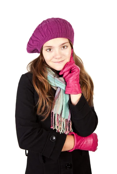 Menina em roupas de inverno isolado sobre branco — Fotografia de Stock