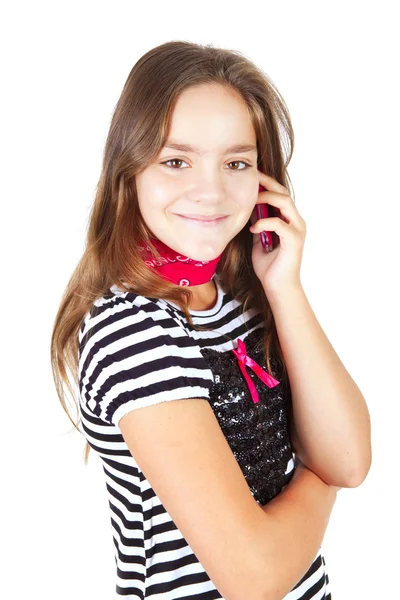 Fille appelant par téléphone cellulaire isolé sur blanc — Photo