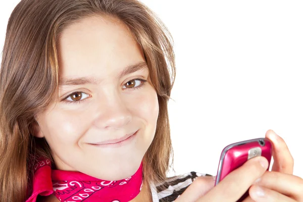 Ragazza che chiama dal cellulare isolato su bianco — Foto Stock