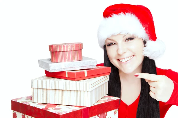 Weihnachten Frau hält Geschenke isoliert über weiß — Stockfoto