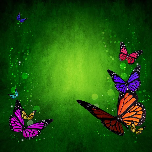 Spring green background with colorful butterflies — Stock Photo, Image