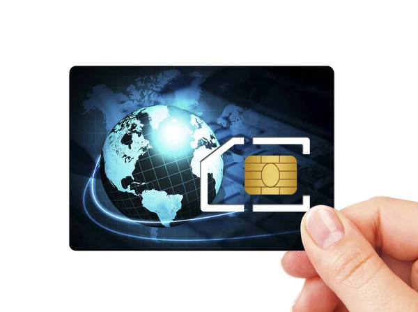 Cartão SIM azul segurado à mão sobre branco — Fotografia de Stock