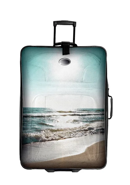 Dark suitcase with beach photo isolated over white — Stock Photo, Image