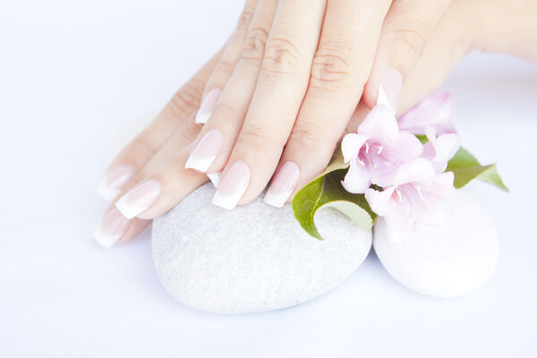 woman hands with beautiful french manicure nails
