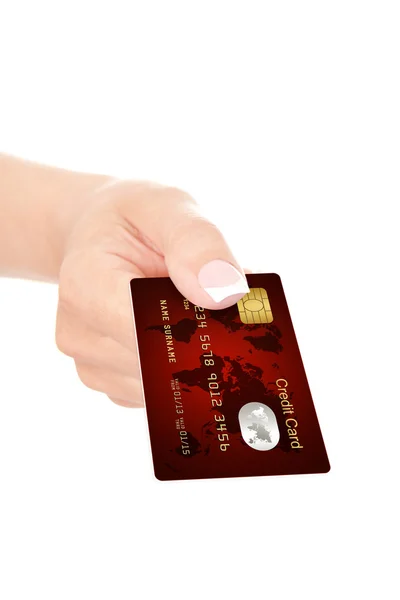 Close-up de cartão de crédito vermelho mantido à mão sobre branco — Fotografia de Stock