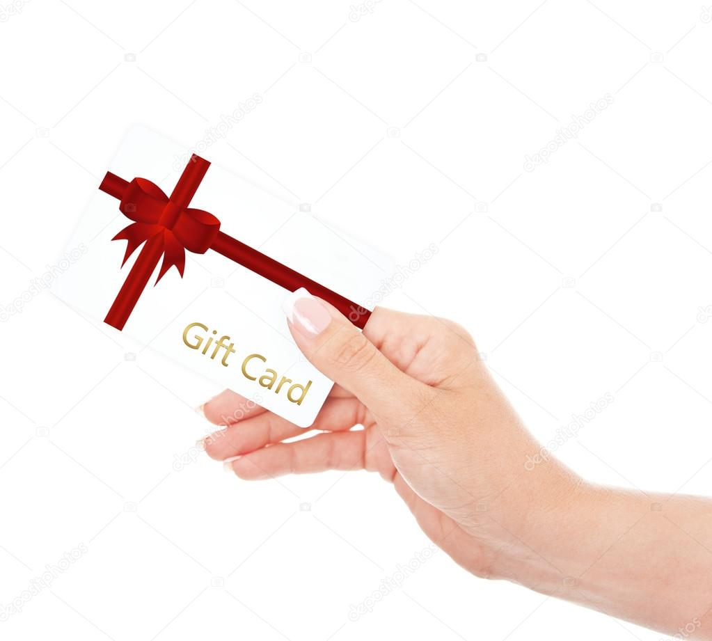 hand holding gift card isolated over white