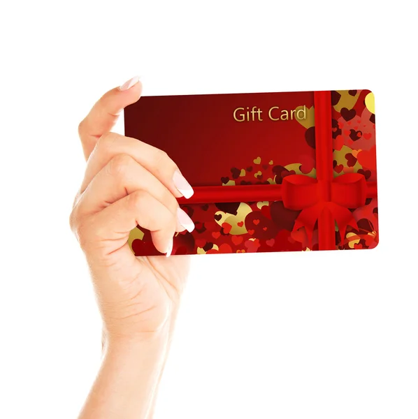 Gift card holded by hand over white — Stock Photo, Image