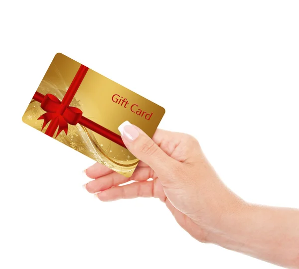 Hand holding gift card isolated over white — Stock Photo, Image