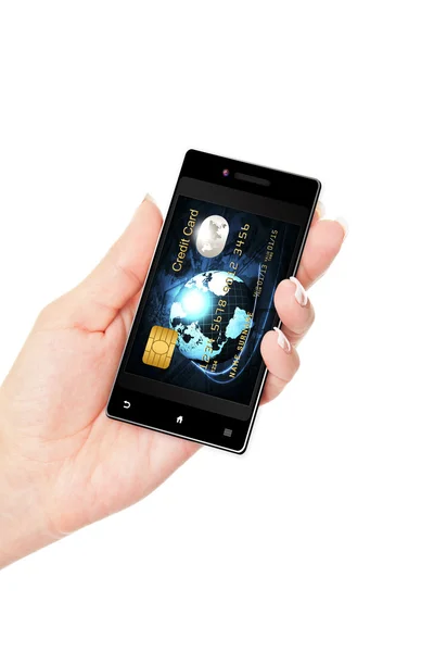 Hand met mobiele telefoon met creditcard scherm — Stockfoto