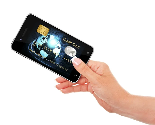 Hand holding mobile phone with credit card screen — Stock Photo, Image