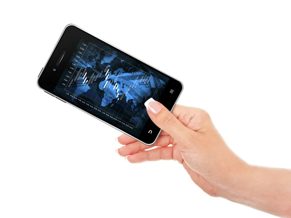 Hand holding mobile phone with stock market chart — Stock Photo, Image