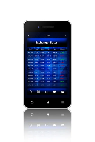 Cellulare con schermo dei tassi di cambio isolato su bianco — Foto Stock