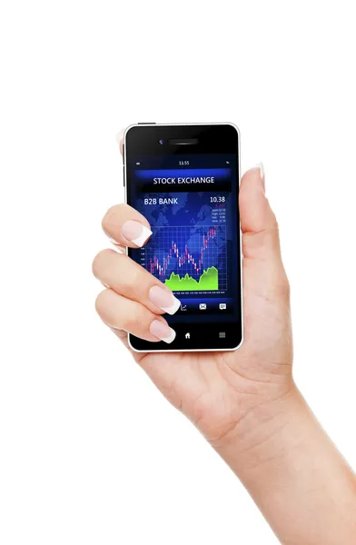 Hand holding mobile phone with stock market chart — Stock Photo, Image