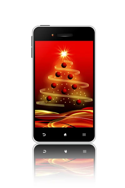 mobile phone with christmas screen over white background