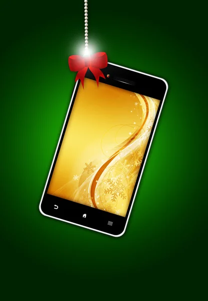 Teléfono móvil con pantalla de Navidad sobre fondo verde —  Fotos de Stock