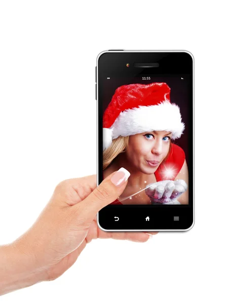 Hand met mobiele telefoon met Kerstmis vrouw geïsoleerd over whi — Stockfoto