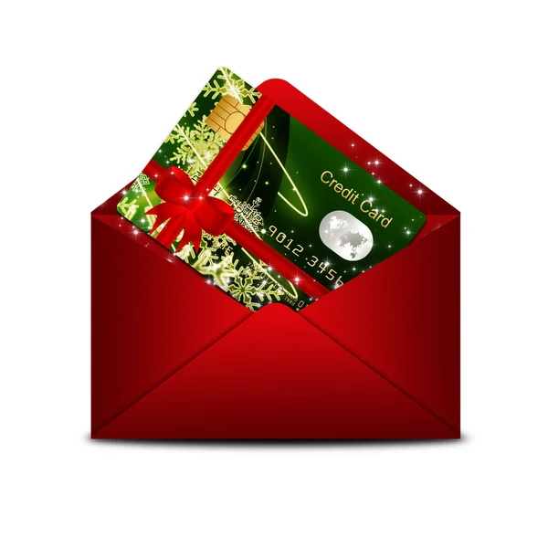 Boże Narodzenie karta kredytowa w kopercie czerwony na białym tle nad białym — Zdjęcie stockowe