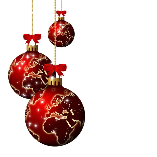 Palle di vetro di Natale con il modello del mondo su sfondo bianco — Foto Stock