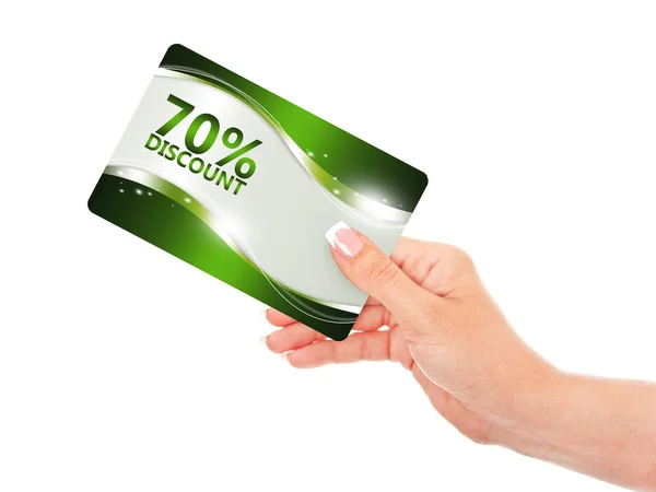 Hand holding red discount card isolated over white — Stock Photo, Image